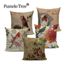 Axyaa Retro Bird Text Flower Cotton Linen Cushion Cover