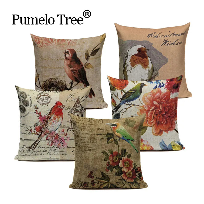 Axyaa Retro Bird Text Flower Cotton Linen Cushion Cover