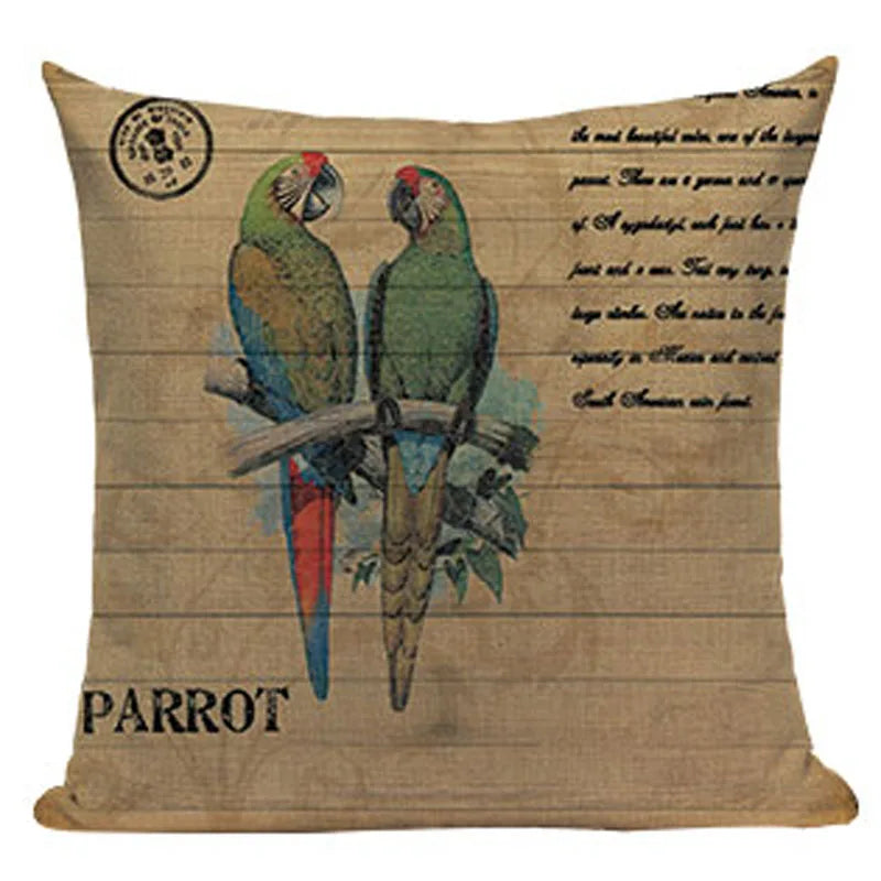 Axyaa Retro Bird Text Flower Cotton Linen Cushion Cover