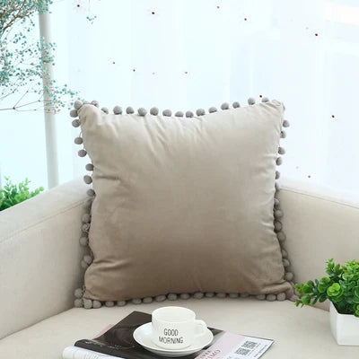 Axyaa Soft Velvet Pompom Ball Pillow Covers in Pink, Red, Blue, Ivory