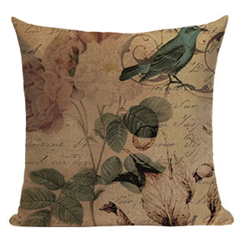 Axyaa Retro Bird Text Flower Cotton Linen Cushion Cover
