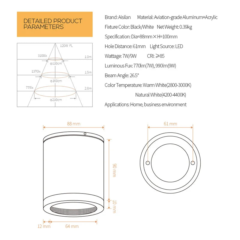 Axyaa 9W CRI97 LED Downlight for Living Room, Bedroom, Corridor - Aluminum Surface Spot Light