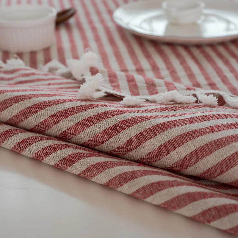 Axya Striped Cotton Linen Tablecloth with Tassels - Quality Dining Table Cover