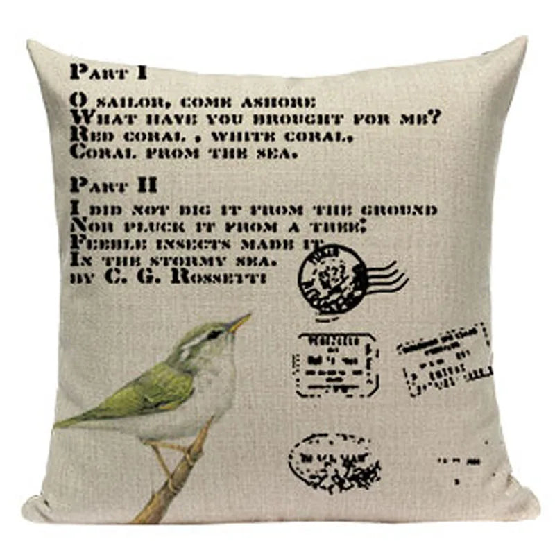 Axyaa Retro Bird Text Flower Cotton Linen Cushion Cover