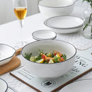 Axya Ceramic Dinnerware Set: Plates, Tray, Bowls - White with Black Edge
