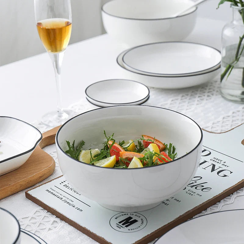 Axya Ceramic Dinnerware Set: Plates, Tray, Bowls - White with Black Edge