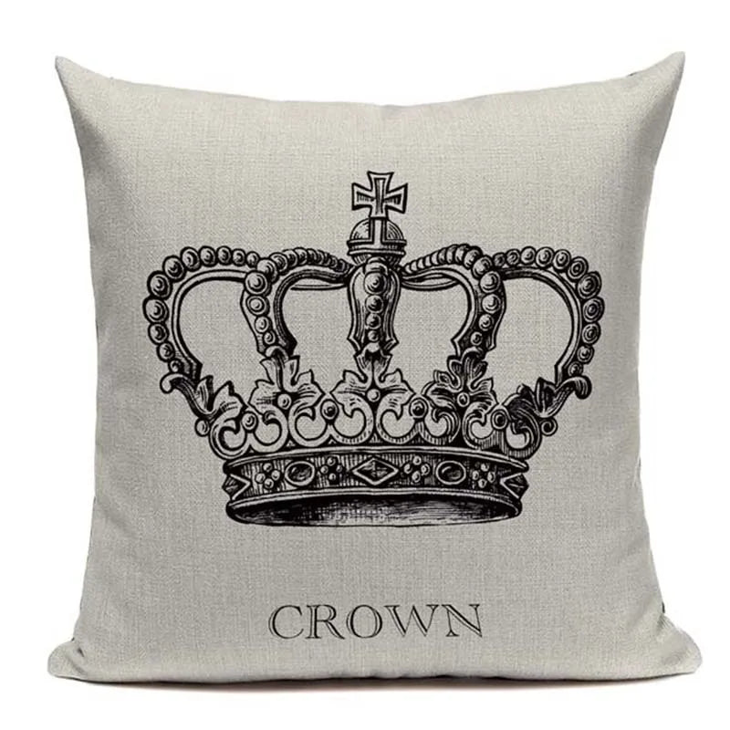 Axyaa Crown Design Cotton Linen Blended Cushion Cover - King Queen Letter Pillowcase