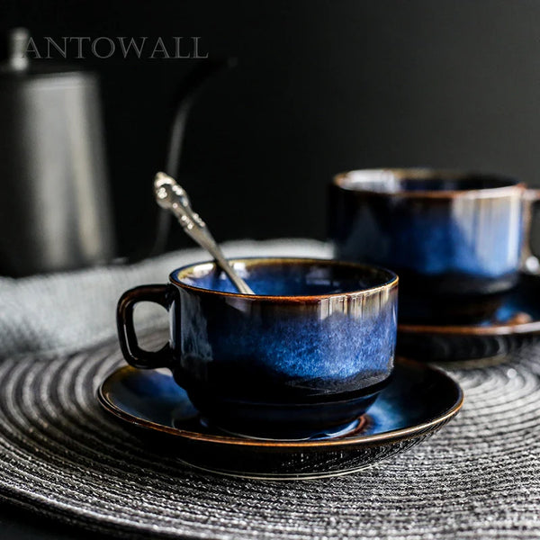 Axya Dim Blue Ceramic Coffee Cup and Saucer Set - Retro Tableware