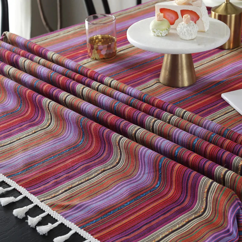 Axya Bohemian Stripe Print Tablecloth with Tassels for Home Kitchen Banquet Table