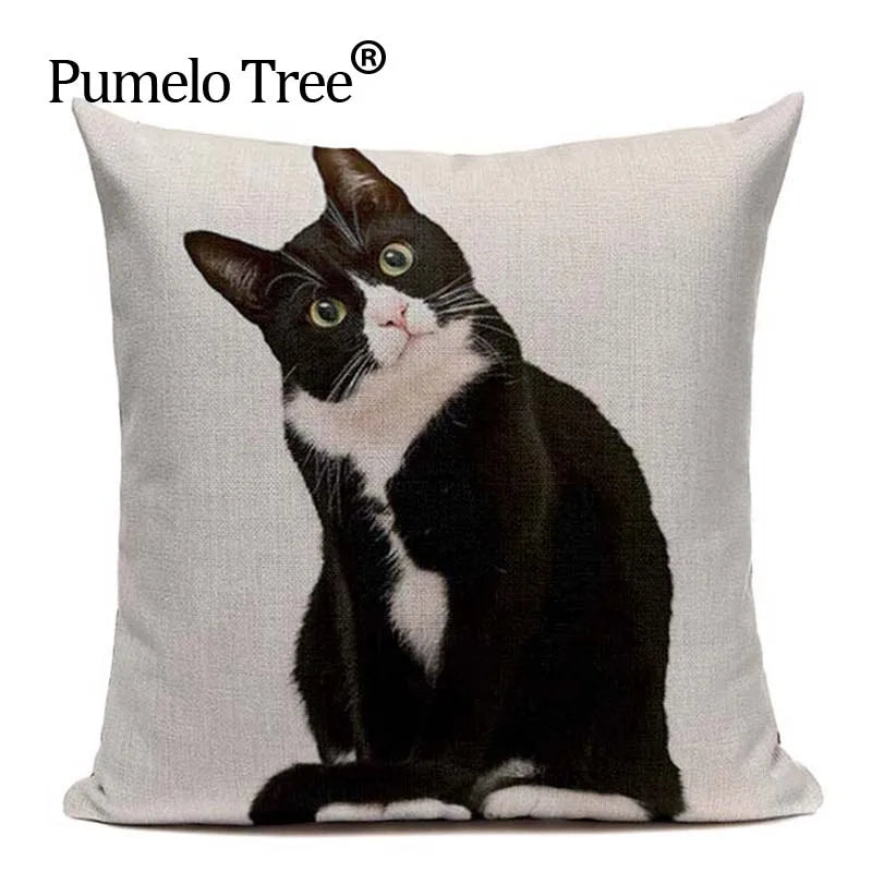 Axyaa Cute Cat Hand-Painted Linen Pillow Cover Black White Yellow