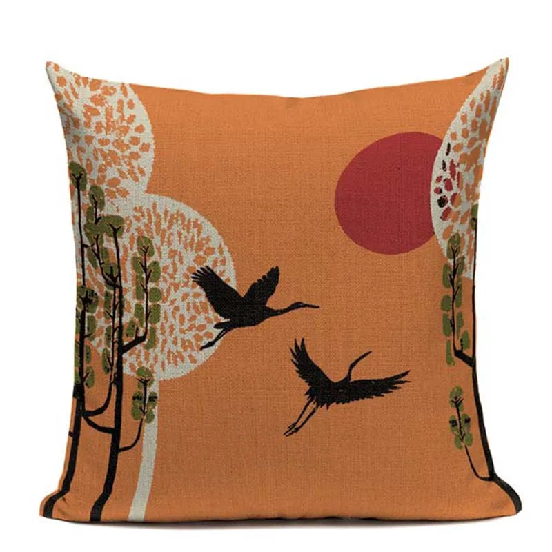 Axyaa Japanese Print Linen Cushion Covers - Fuji Kimono Girl Sea Theme