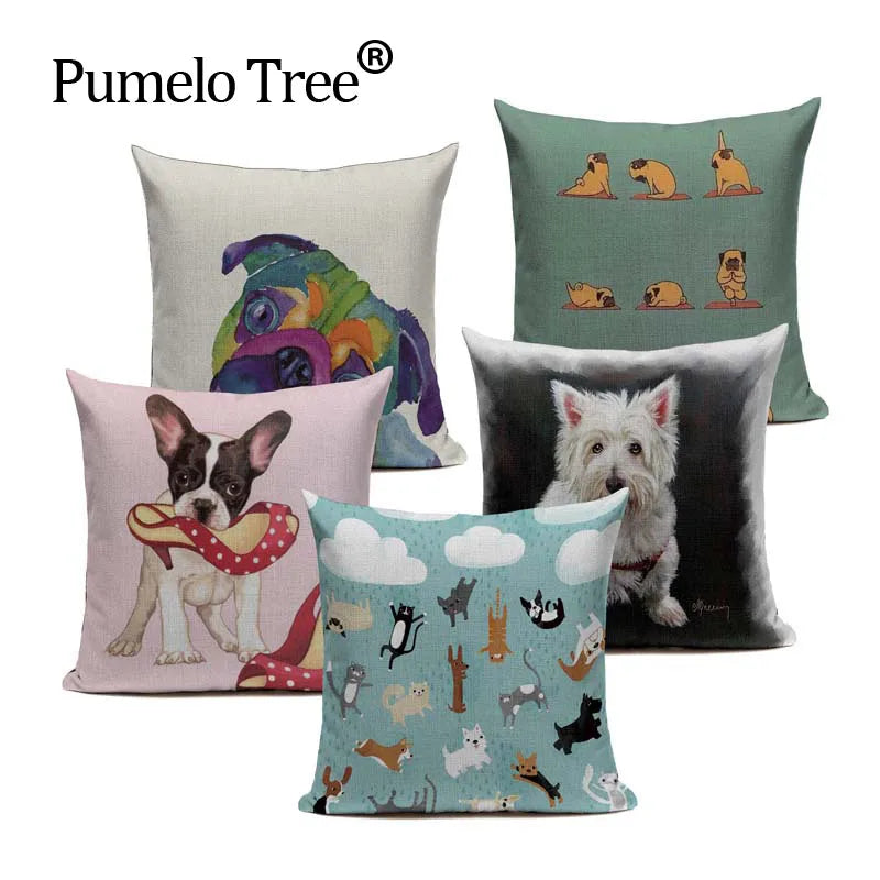 Animal Dog Cushion Cover French Bulldog Pug Pillowcase Woven Linen Decor Home Axyaa