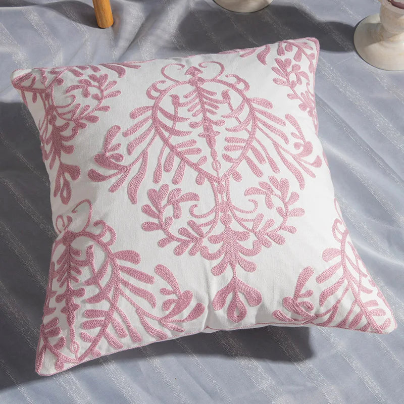 Pink Geometric Embroidered Cushion Cover by Axyaa - 45x45cm Cotton Pillow Case