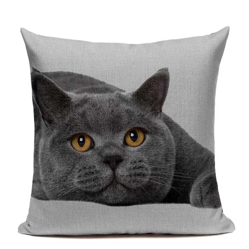 Axyaa Cute Cat Hand-Painted Linen Pillow Cover Black White Yellow