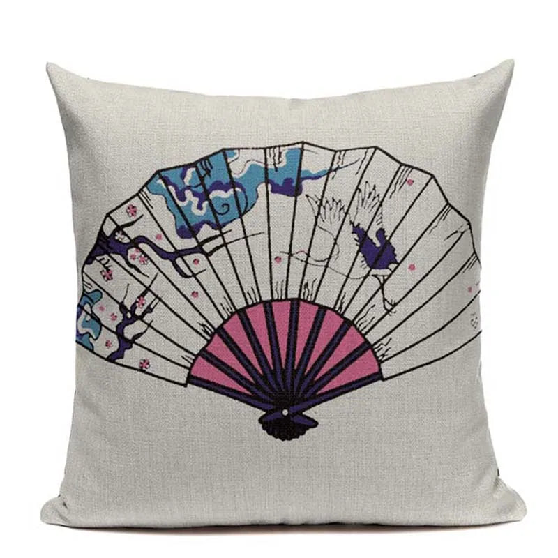 Axyaa Japanese Print Linen Cushion Covers - Fuji Kimono Girl Sea Theme