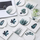 Axya Green Plant Ceramic Coaster Set with Non-Slip Wooden Mat