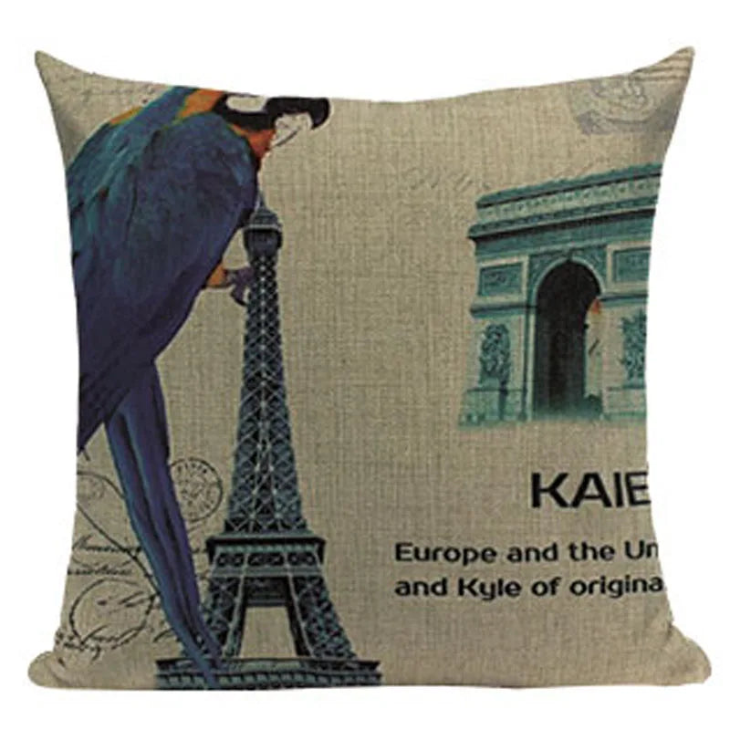 Axyaa Retro Bird Text Flower Cotton Linen Cushion Cover