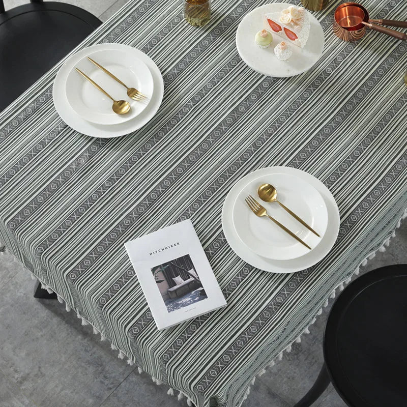 Axya Bohemian Stripe Print Tablecloth with Tassels for Home Kitchen Banquet Table