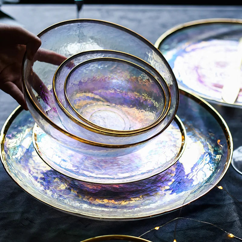 Axya Gold Hammer Grain Glass Bowl Dish Salad Fruit Plate - Dazzle Color Glass