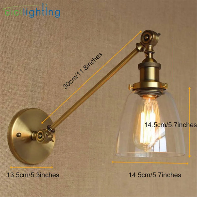 Axyaa Brass Copper Wall Sconce with Adjustable Arm and Glass Shade