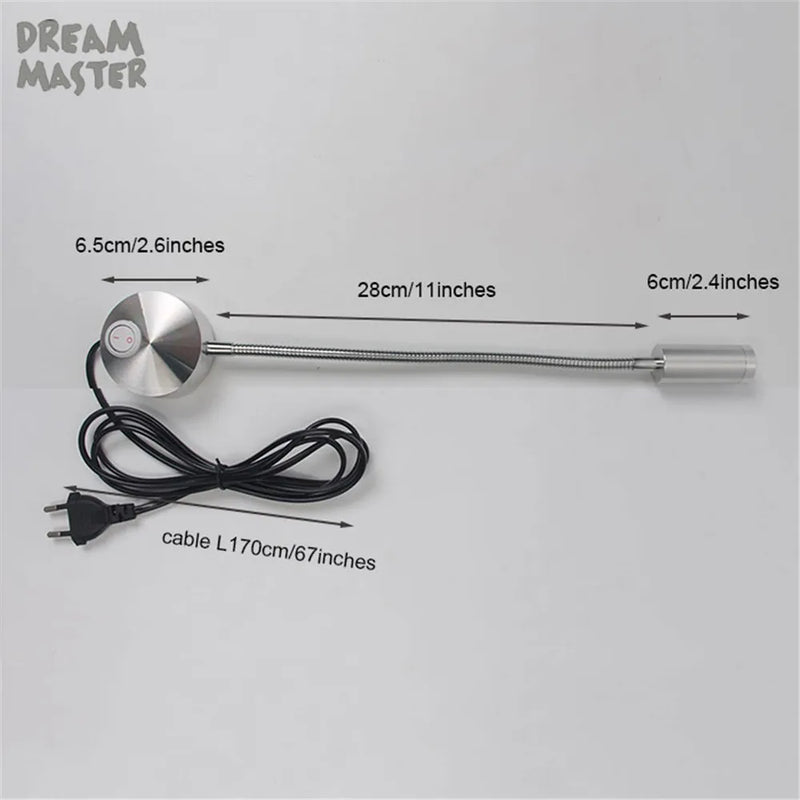 Axyaa Silver Wall Lamp: Flexible Hose LED Modern Light with Switch - 3W Warm White