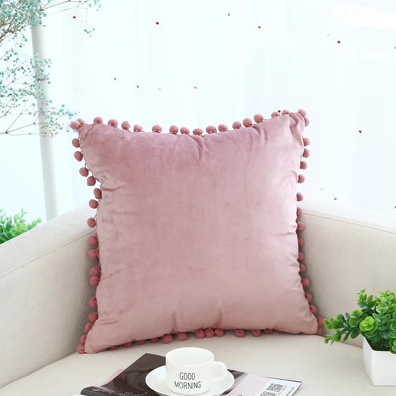 Axyaa Soft Velvet Pompom Ball Pillow Covers in Pink, Red, Blue, Ivory