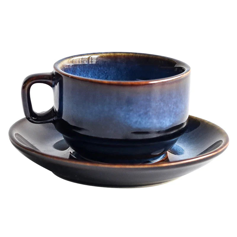 Axya Dim Blue Ceramic Coffee Cup and Saucer Set - Retro Tableware