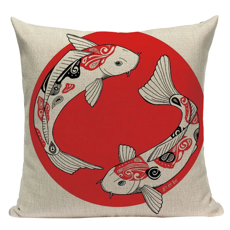 Axyaa Japanese Style Decorative Cushion Covers- Crane Fish Design for Home Decor