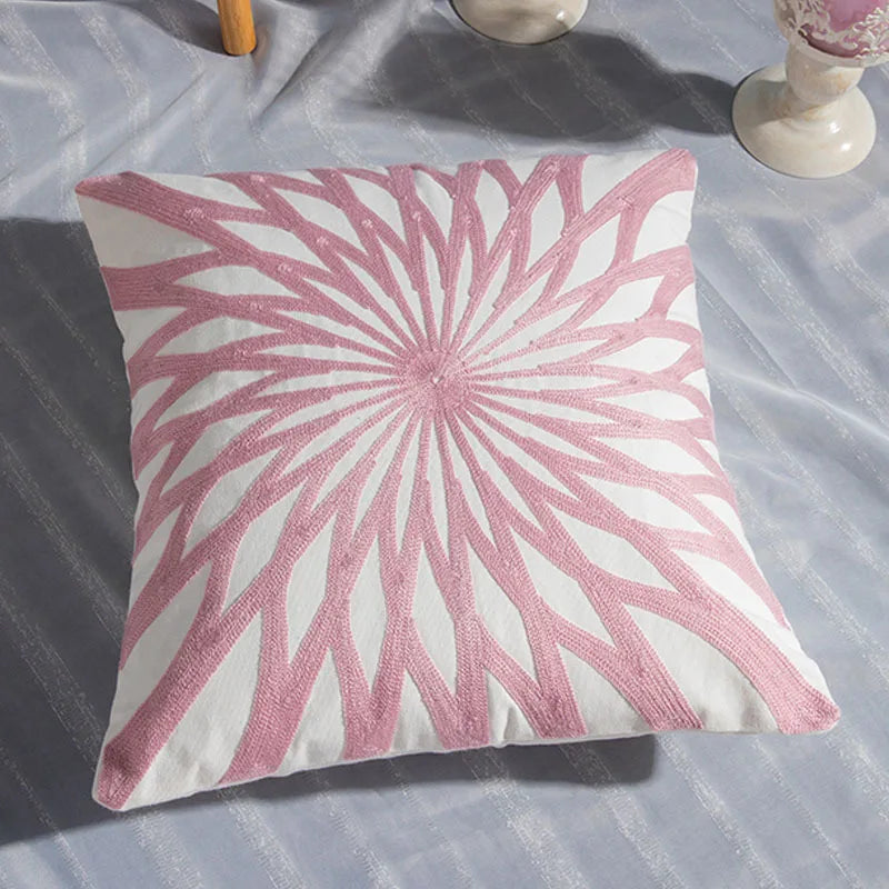 Pink Geometric Embroidered Cushion Cover by Axyaa - 45x45cm Cotton Pillow Case