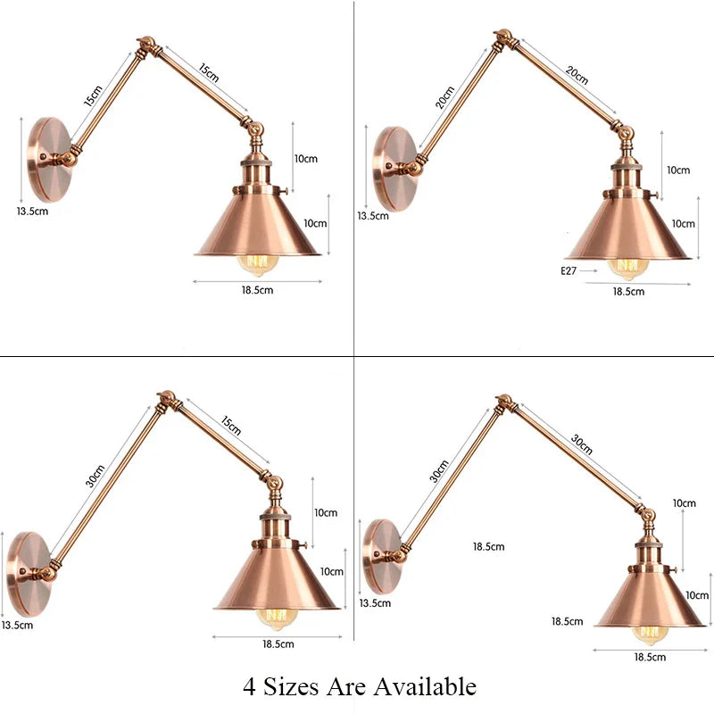 Axyaa Vintage E27 Industrial Sconce Wall Lamp, Long Arm Retro Black Copper Wandlamp