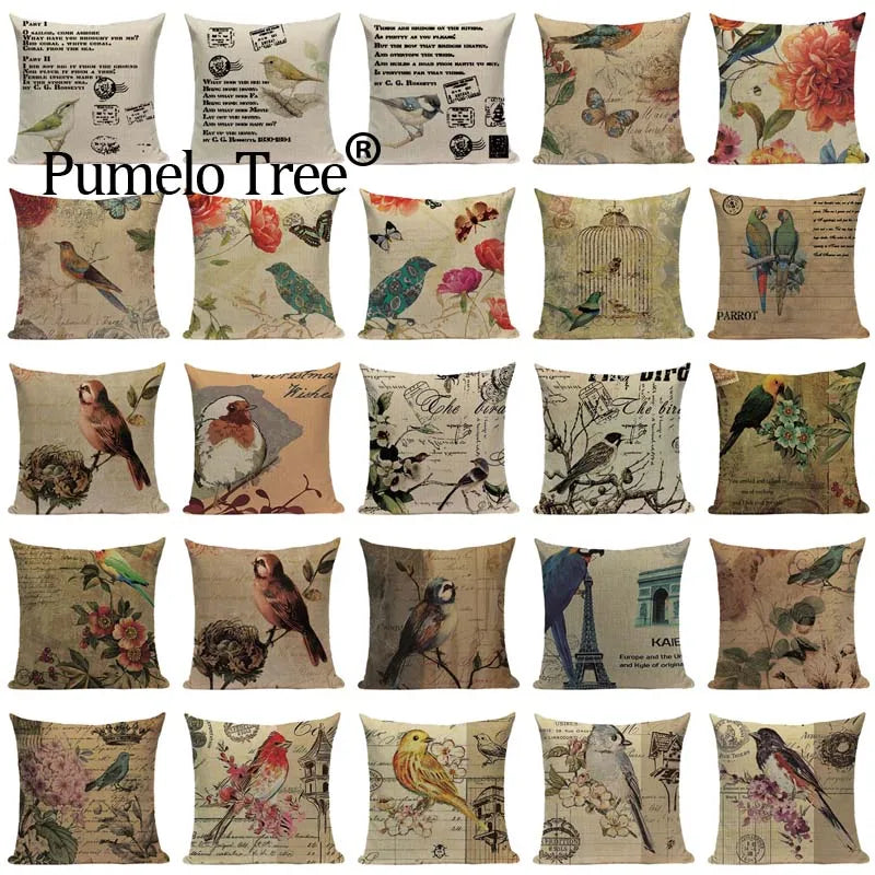 Axyaa Retro Bird Text Flower Cotton Linen Cushion Cover