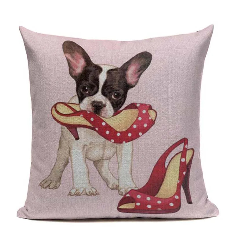 Animal Dog Cushion Cover French Bulldog Pug Pillowcase Woven Linen Decor Home Axyaa