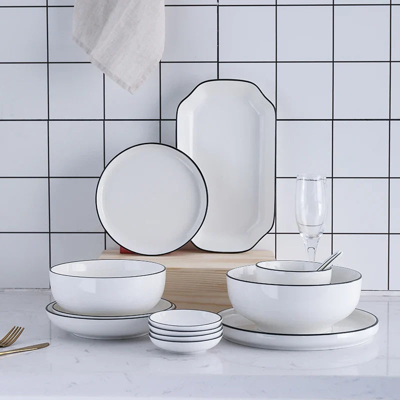 Axya Ceramic Dinnerware Set: Plates, Tray, Bowls - White with Black Edge