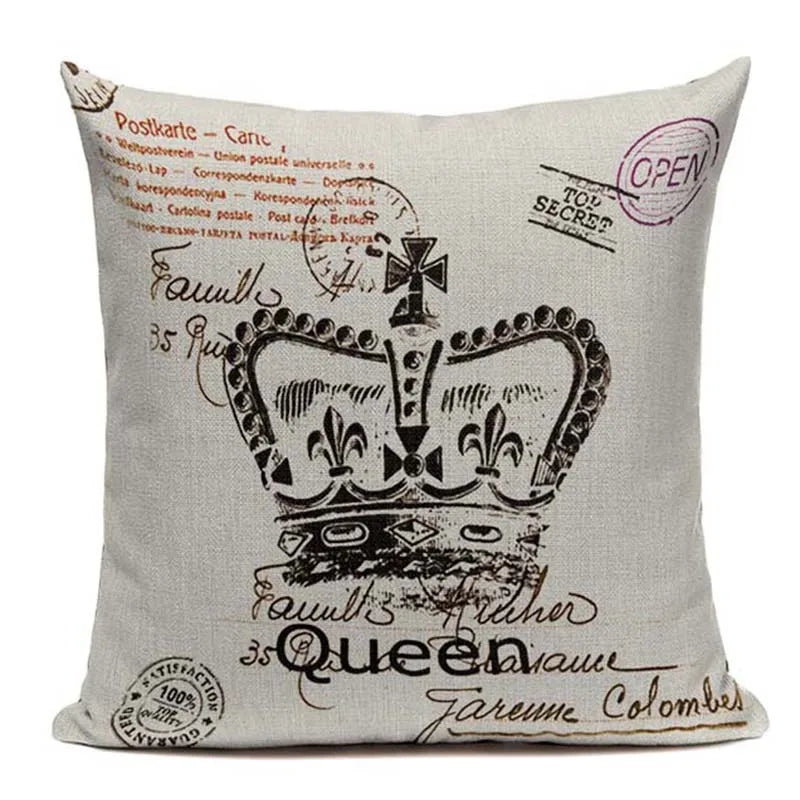 Axyaa Crown Design Cotton Linen Blended Cushion Cover - King Queen Letter Pillowcase