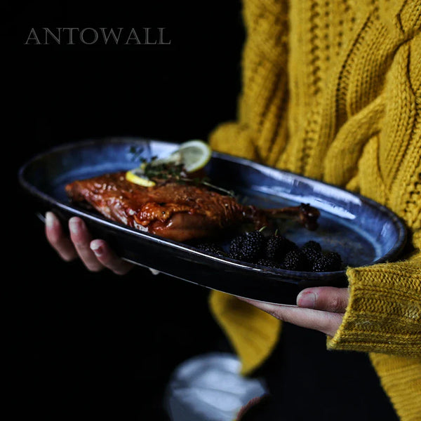 Axya Deep Blue Ceramic Fish Plate - 12 inch Oval Dish