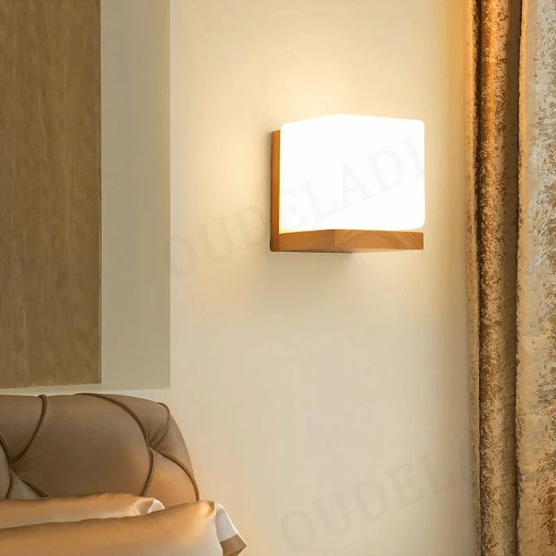 Axya Nordic Wood LED Wall Sconce Glass Lamp for Modern Loft Bedroom Decor