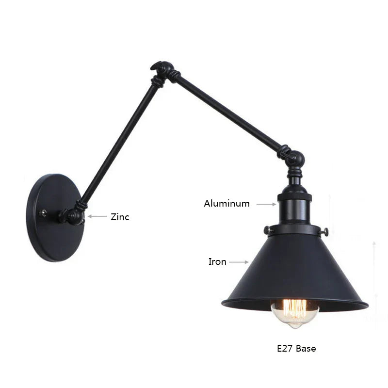 Axyaa Vintage E27 Industrial Sconce Wall Lamp, Long Arm Retro Black Copper Wandlamp
