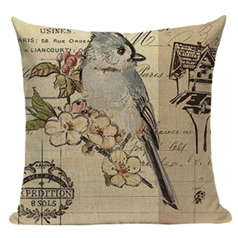 Axyaa Retro Bird Text Flower Cotton Linen Cushion Cover