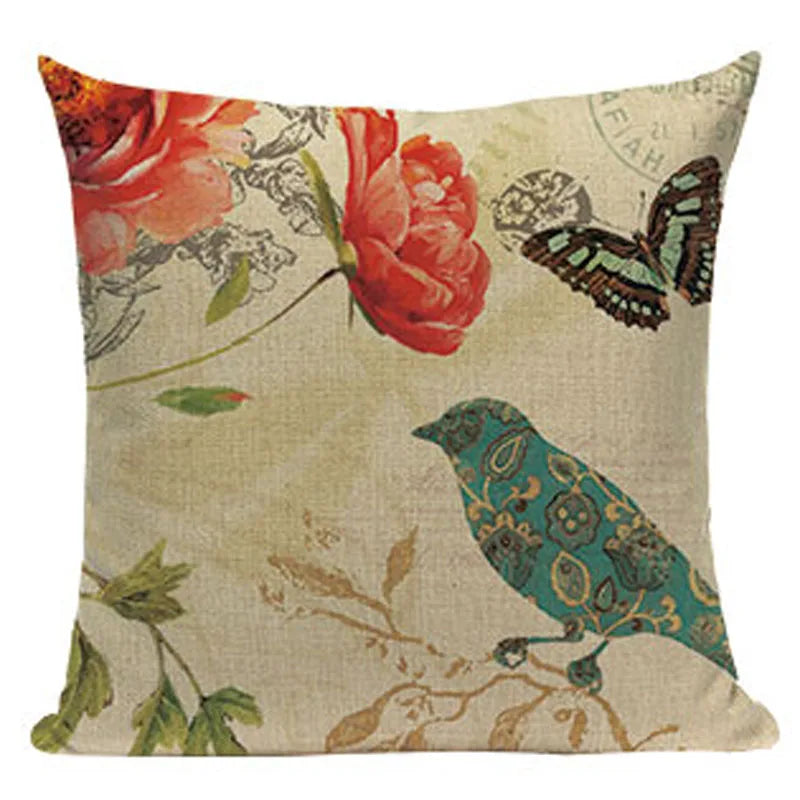 Axyaa Retro Bird Text Flower Cotton Linen Cushion Cover