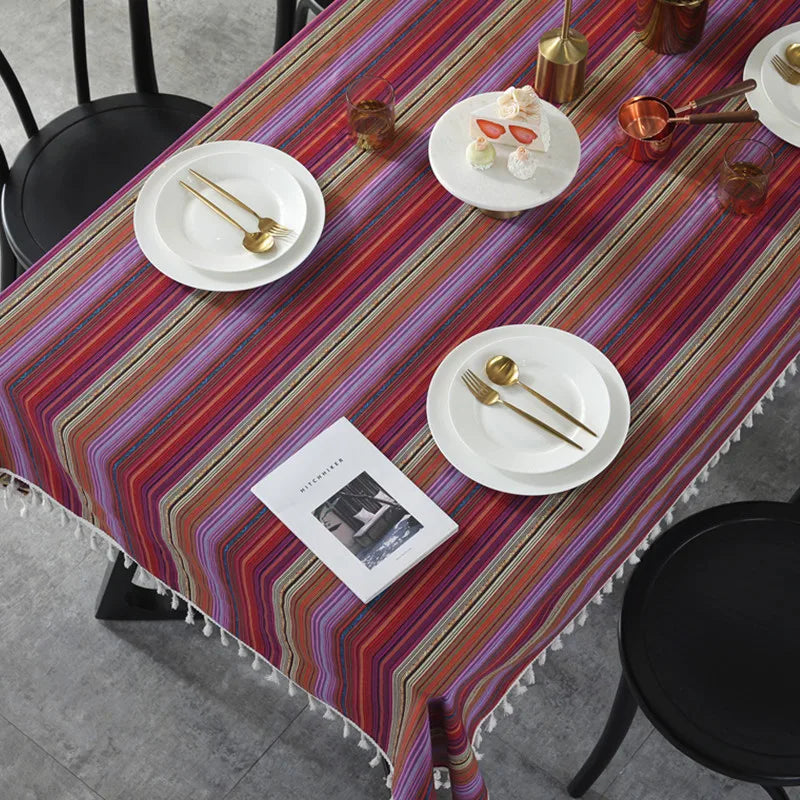 Axya Bohemian Stripe Print Tablecloth with Tassels for Home Kitchen Banquet Table