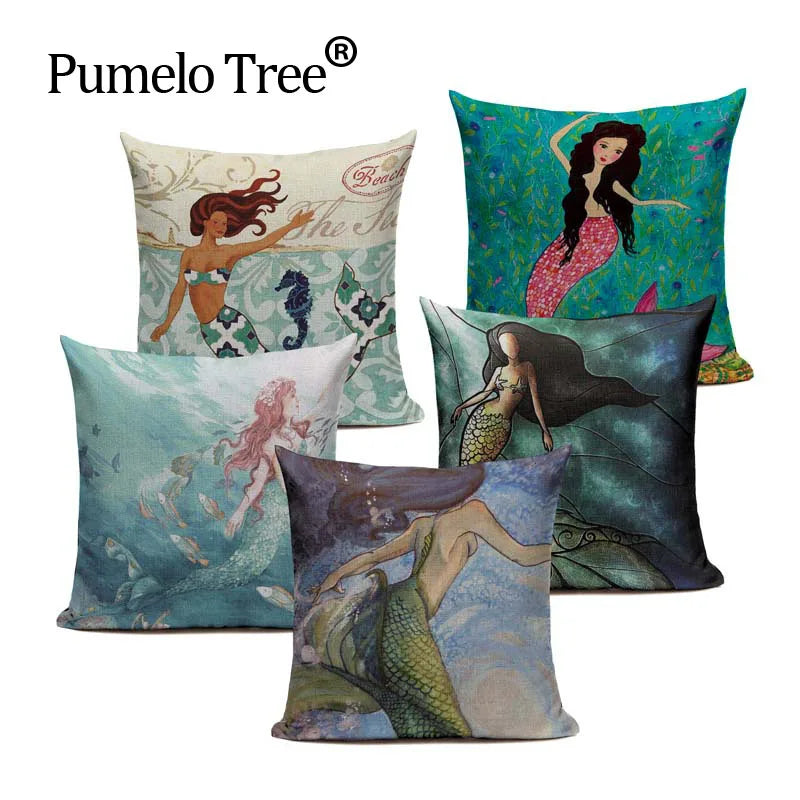 Axyaa Mermaid Pillowcase Ocean Style Cushion Cover 45x45cm Square Home Decor