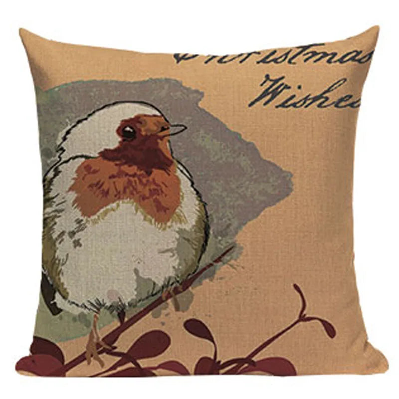 Axyaa Retro Bird Text Flower Cotton Linen Cushion Cover