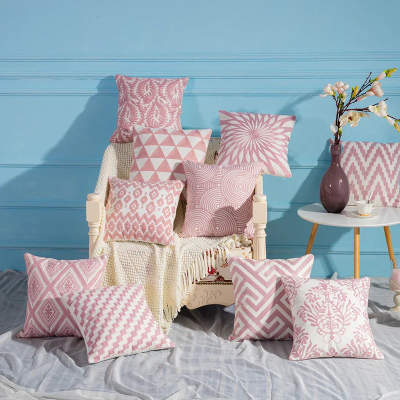Pink Geometric Embroidered Cushion Cover by Axyaa - 45x45cm Cotton Pillow Case