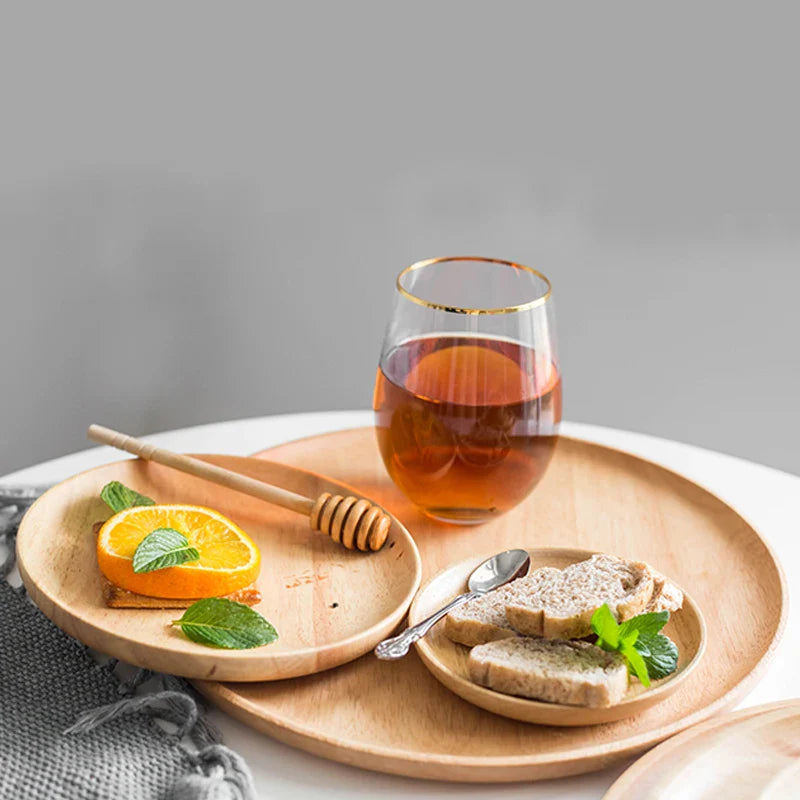 Axya Solid Wood Round Japanese Dinner Plate for Steak, Fruit, Snacks, and Tea Tray