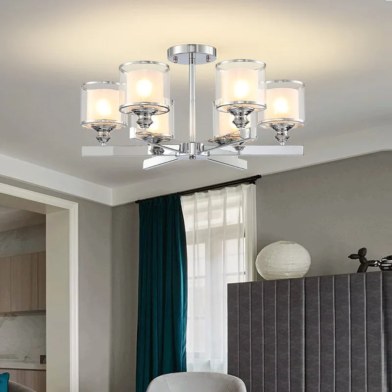 Axyaa Chrome Metal Crystal Chandelier with Double Glass Shades