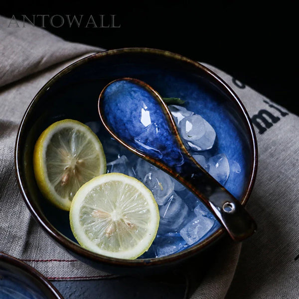 Axya Blue Ceramic Soup Spoon & Soy Sauce Dish Set