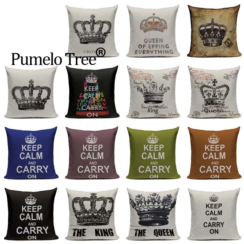 Axyaa Crown Design Cotton Linen Blended Cushion Cover - King Queen Letter Pillowcase