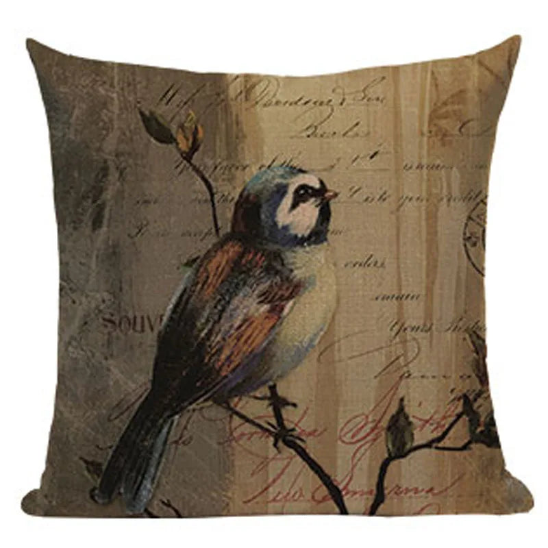 Axyaa Retro Bird Text Flower Cotton Linen Cushion Cover