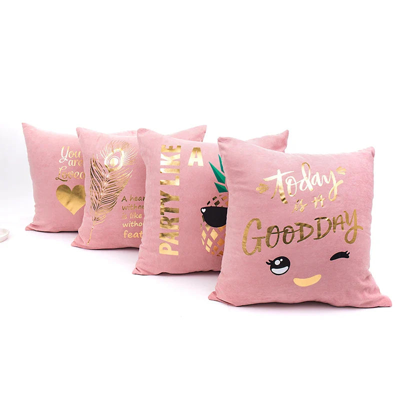 Axyaa Pink Pillow Cover with Soft Gold Foil Heart-Pineapple Design for Home Decor