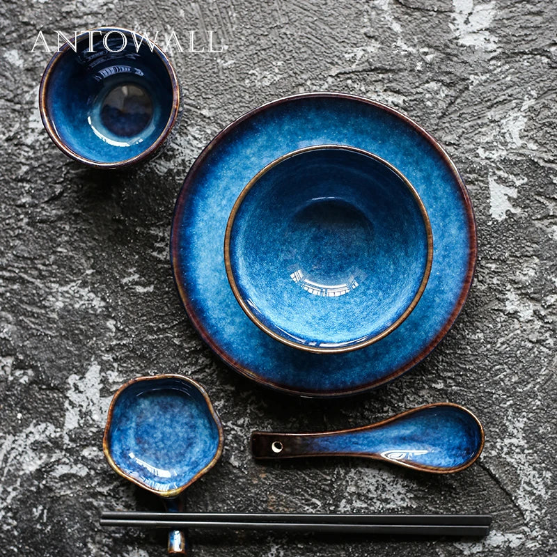 Axya European Blue Ceramic Dinner Set - 5pcs Plate, Bowl, Cup, Dish for 1 Person